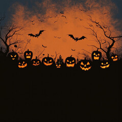 Halloween background with glowing pumpkin faces, bats, dark trees, orange sky, and spooky atmosphere