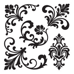 Floral design set with vintage ornaments and decorative elements in black silhouette style in white backraund