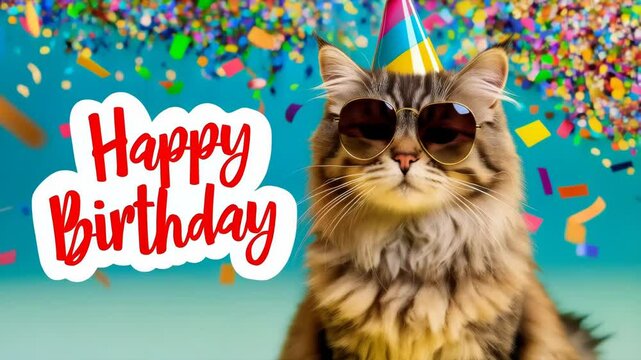 Happy Birthday Cat with Party Hat and Sunglasses - Festive Pet Celebration. A charming and playful image of a cat wearing a birthday party hat and sunglasses, with the text &ldquo;Happy Birthday&rdquo; displayed 