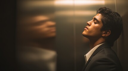 artistic professional photo of young Hispanic man in classic black suit, blurred elevator lobby background, perfect lighting, realistic and cinematic style