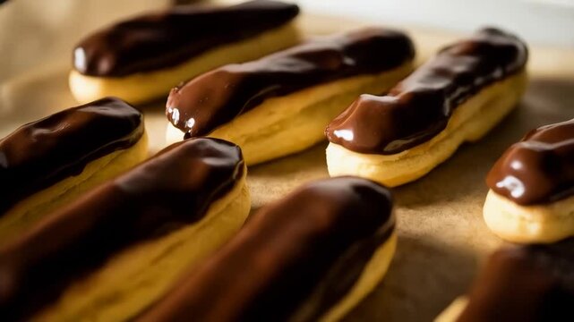 Gourmet Chocolate Eclairs - Delicious French Pastry.  A close-up shot of several beautifully crafted chocolate eclairs, showcasing the rich chocolate glaze and creamy filling. 