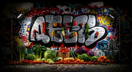 Obraz premium Vibrant Vegetables Against Graffiti Backdrop a Fusion of Urban Art and Harvest