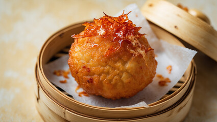 A crispy Japanese takoyaki with bonito flakes
