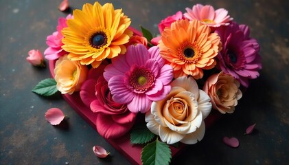 A close-up shot of a heart-shaped arrangement of vibrant, fresh flowers, symbolizing affection and deep appreciation , appreciation, romantic, purple