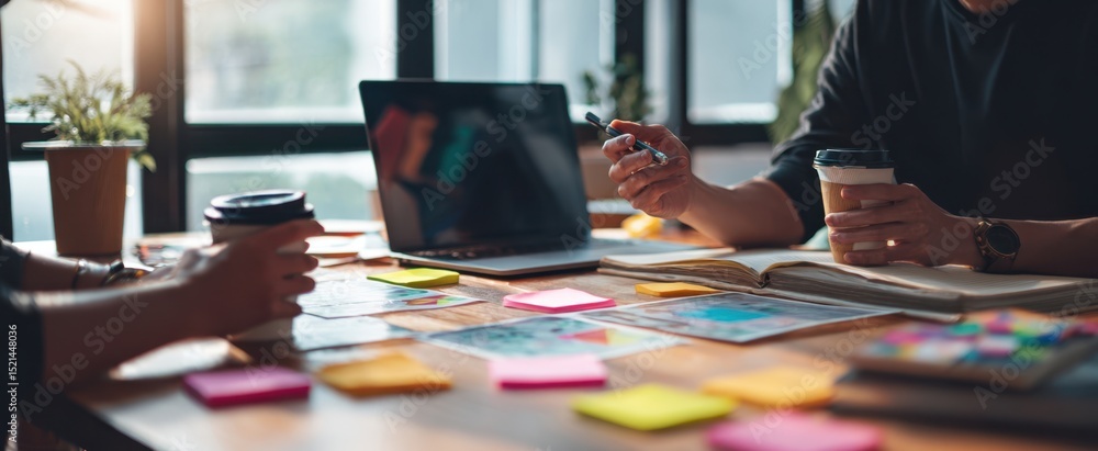 Poster the focused collaboration at a modern workspace with colorful sticky notes.