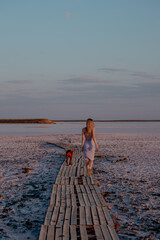 Landscape of Kalmykia pink salt lake with a wooden pier extending into water.
