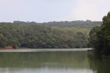 A wide-angle shot of a serene lake surrounded by dense green hills in Matheran, Maharashtra. The calm water reflects the peaceful environment