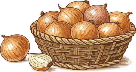 Onion in Wicker Basket on White Background Vector Illustration