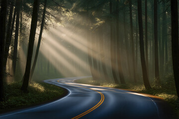 Fototapeta premium driving through the road and sun rays in the forest
