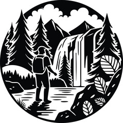 Fototapeta premium Hiker Pauses Before a Flowing Waterfall in a Circular Mountain Forest