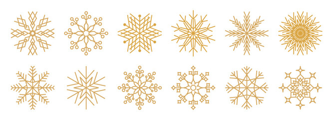 Snowflakes thin line icon. Christmas or New year winter snowfall symbol. Gold glitter collection. Editable stroke. Vector design elements