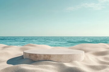 high resolution of Summer sand and sea backdrop for product placement with empty flat stone podium high detail 8k