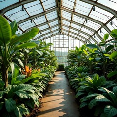 Walking Through Lush Greenhouse Plants and Sunlight with Glass Roof
