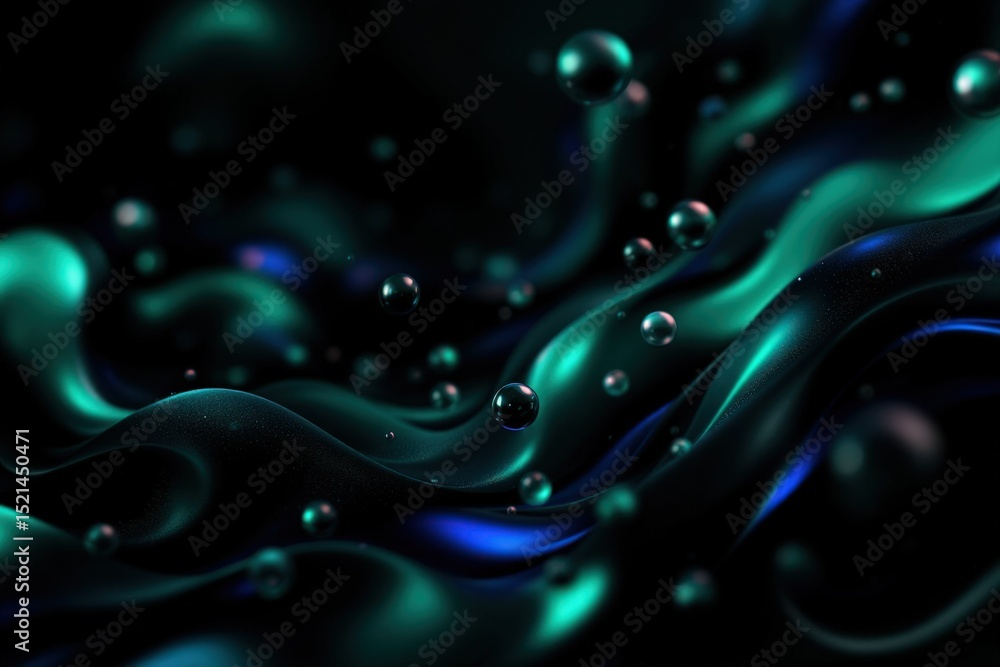 Poster abstract dark background with flowing waves and bubbles