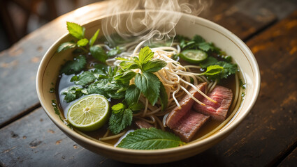 A steaming bowl of Vietnamese pho with herbs