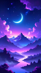 A surreal and dreamlike night landscape featuring glowing blue mist drifting between dark mountain peaks under a radiant crescent moon. sense of tranquility, fantasy, and mystery