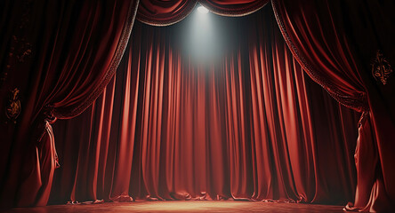 Obraz premium Red stage curtain with spotlight, elegant theater backdrop, dramatic mood, classic performance scene