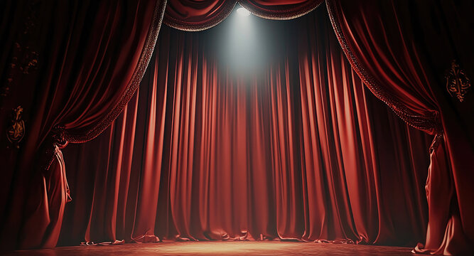 Red stage curtain with spotlight, elegant theater backdrop, dramatic mood, classic performance scene