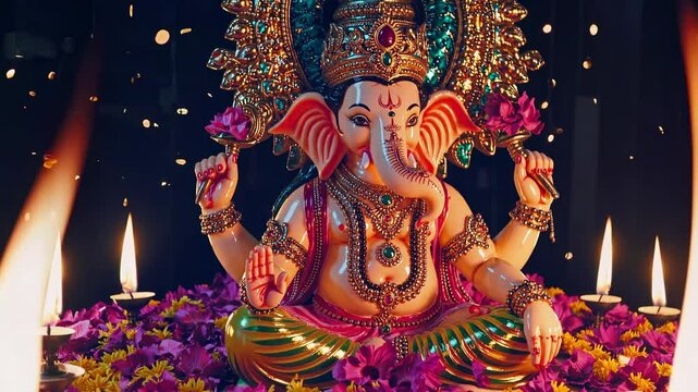 Low-angle shot of a vibrant Ganesha idol surrounded by flowers and candles, creating a spiritual and festive atmosphere, ideal for a devotional video.