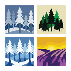 Obraz premium A festive vector illustration featuring a set of Christmas trees and winter holiday banners, perfect for season's greeting card decoration