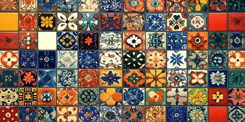 Fototapeta premium Vibrant Collage of Mexican Talavera Tiles Decor Featuring Colorful Patterns and Traditional Artistry