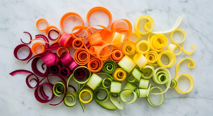 Rainbow Vegetable Ribbons On Marble Countertop For Culinary Presentation