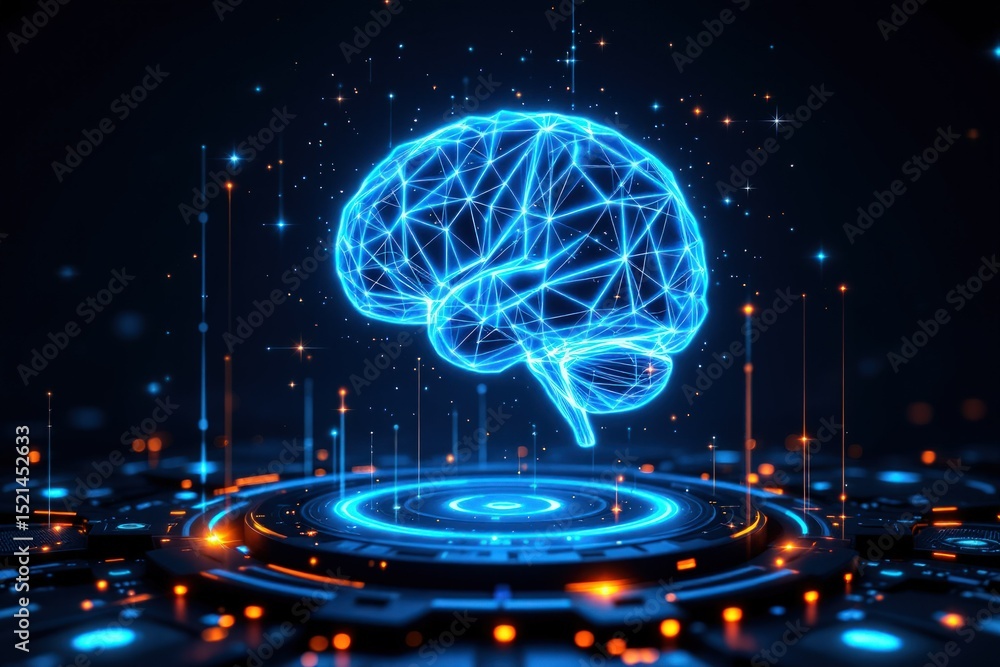 Poster digital representation of a connected brain with glowing circuitry and light effects