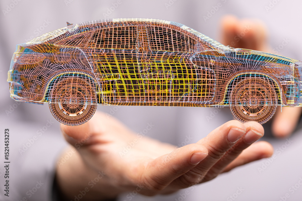 Poster wireframe car model in a hand, symbolizing innovation and future of automotive design.