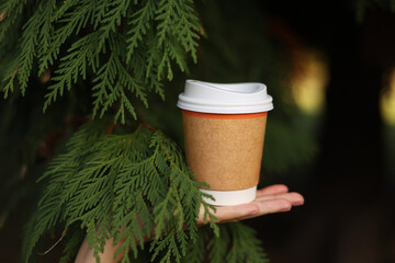Hand holds eco zero waste paper cup in leaves of white cedar, white plastic recycle lid take away with hot drink, coffee or tea outdoors in park, place for text. Seasonal warm drinks to go in cold day