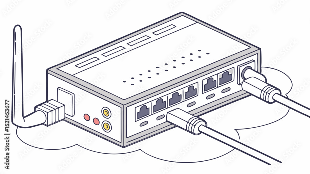 Poster illustration of a network router with antenna and cables plugged in on a cloud like background desig