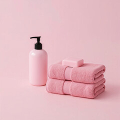 Minimalist Pink Bath Essentials - Folded Towels, Soap, and Dispenser on Pastel Background