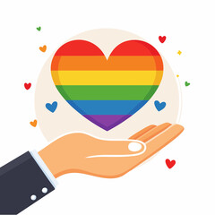 Png illustration in flat simple linear style - hand and pride LGBT rainbow heart - Icon and symbol for sticker, print, banner