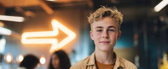 The confident teenager smiling in a modern, vibrant indoor setting