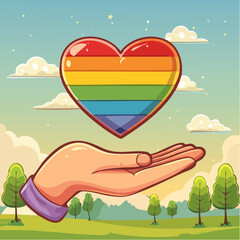 Png illustration in flat simple linear style - hand and pride LGBT rainbow heart - Icon and symbol for sticker, print, banner