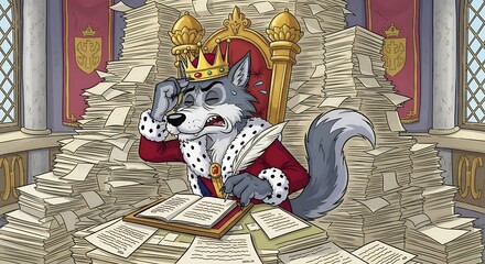 Cartoon depiction of a wolf character wearing a crown and stressed by a large amount of paperwork while sitting on a throne
