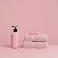 Minimalist Pink Bath Essentials - Folded Towels, Soap, and Dispenser on Pastel Background