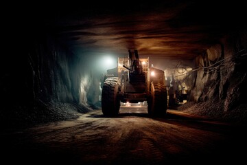 Underground tunnel digger machine lit by harsh artificial light