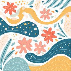 Vector shapes in simple floral wavy and groovy naive style, ocean and vacation theme, flowers and plants, floral botanic hand drawn design templates, modern art prints, surface