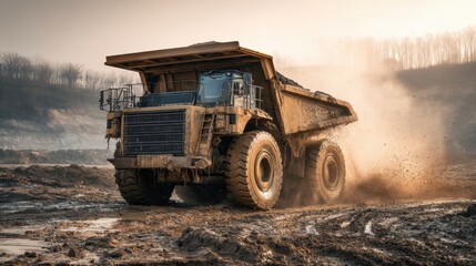 Obraz premium Articulated dump truck driving through muddy site