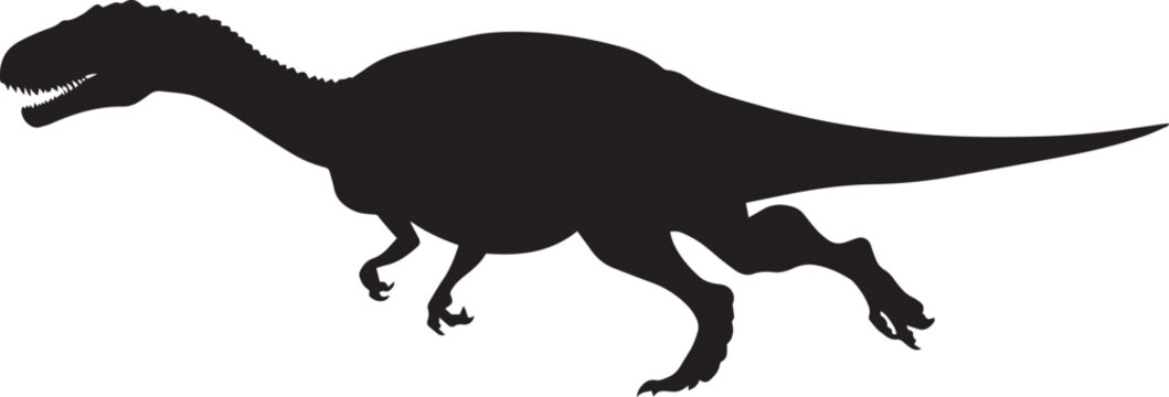 Carnotaurus Galloping A fast-moving Carnotaurus captured in a run, with extended legs, a low body posture, and tail following, complete black vector silhouette design.
