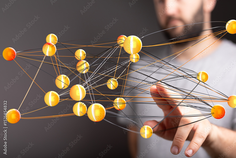 Poster Abstract image of interconnected nodes, representing global networks, data connections, or complex systems.