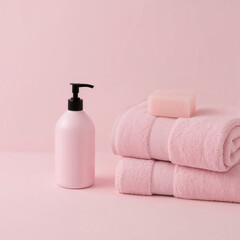 Minimalist Pink Bath Essentials - Folded Towels, Soap, and Dispenser on Pastel Background