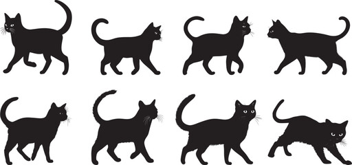Cat with Curled Tail Silhouette A playful, inquisitive cat strolling with its tail held high, full-length black silhouette vector illustration.