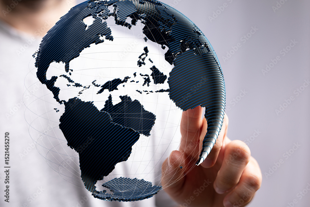 Poster high-quality stock photo of a person interacting with a 3d digital globe, symbolizing global connect