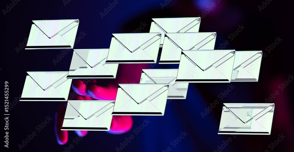 Poster Abstract image of numerous emails approaching a hand, symbolizing digital communication and email marketing.