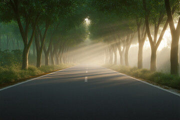 Obraz premium driving through the road and sun rays in the forest