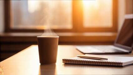 Warm Coffee Cup with Notebook and Pen on Table at Sunset