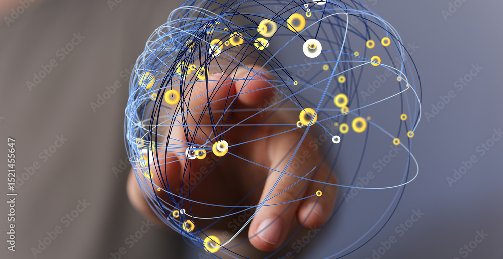 Poster Abstract image of a hand interacting with a digital network sphere, representing global connections and data.