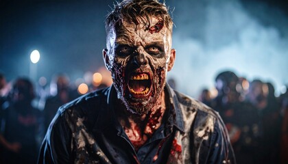 A terrifying close-up of an angry zombie staring directly at the camera with glowing eyes, snarling expression, and a blurred chaotic background, captured in dramatic, cinematic horror lighting