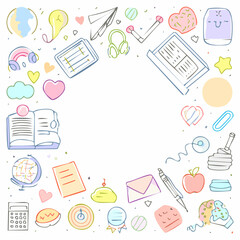 Vector set of stickers, scribbles and doodles in simple linear hand drawn style with copy space, minimal monoline design elements for posters, social media, print, banners.